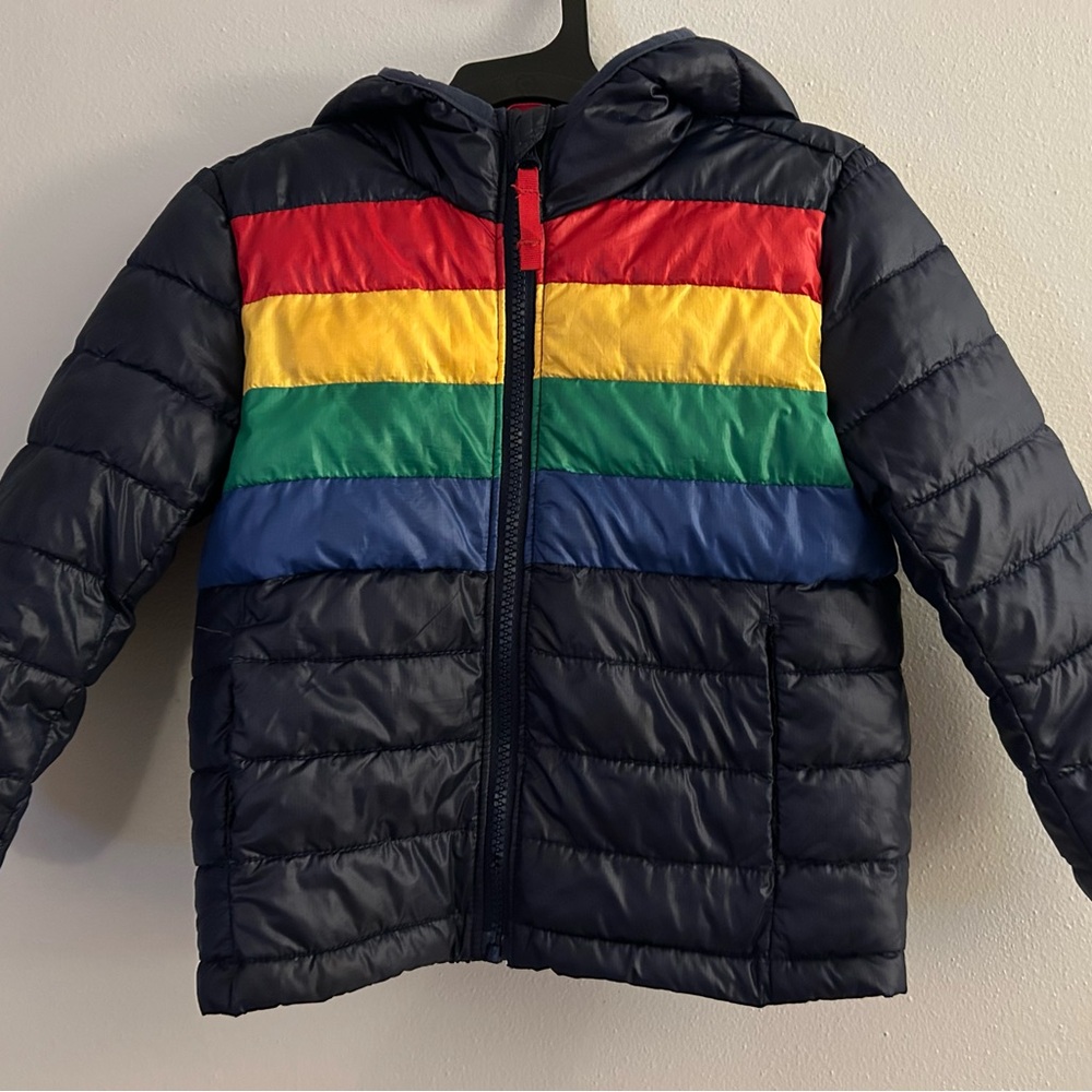Primary Kids Puffer Jacket with Rainbow Stripes